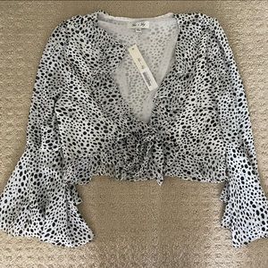 She+Sky white print ruffle neck top